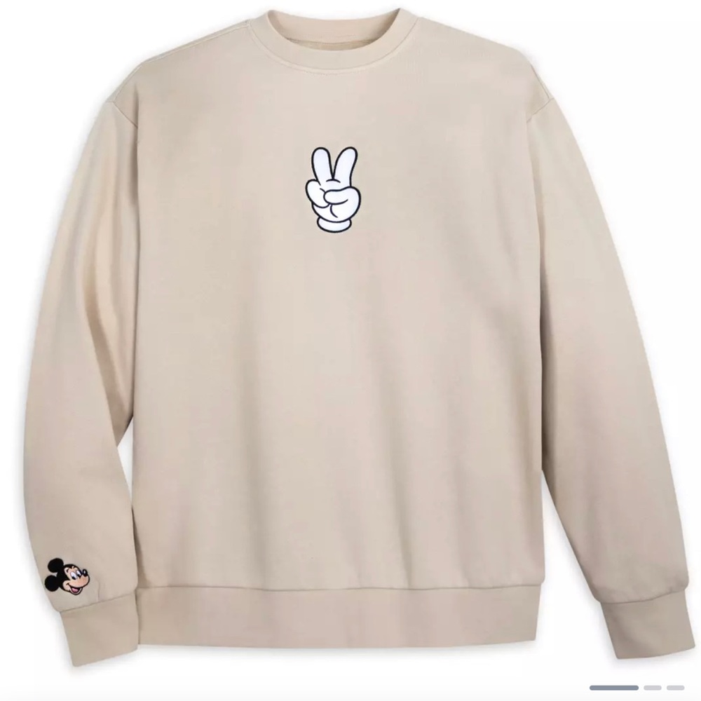 Medium Disney Parks Mickey Mouse Peace Sign Beige Tan Pullover Sweatshirt